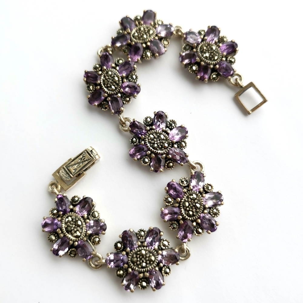 Vintage Sterling Silver Amethyst marcasite bracelet